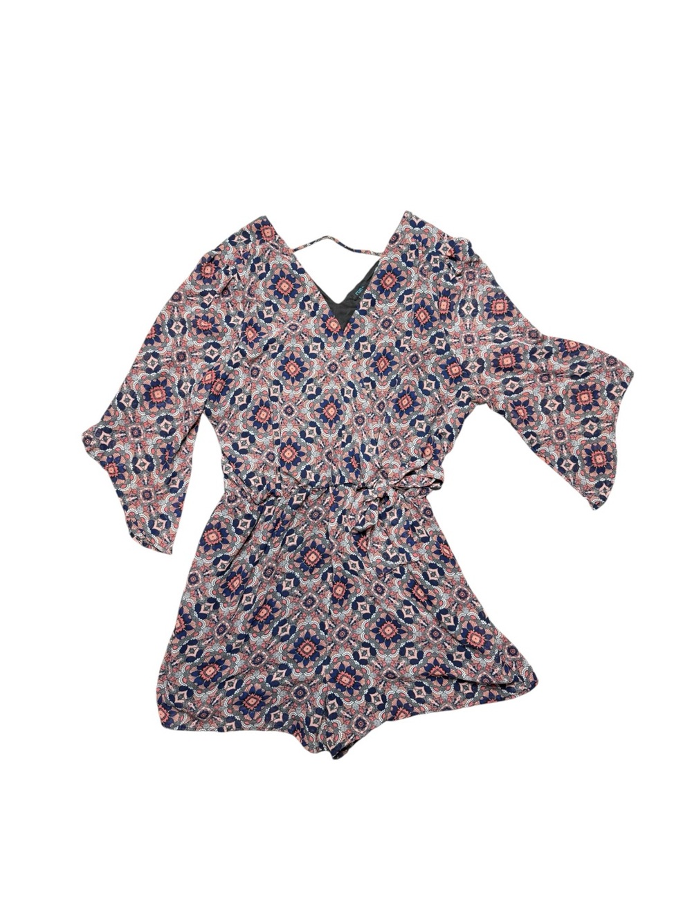 Rue21 Plus Size 1X Boho Floral Romper Faux Wrap Tie Waist Bell Sleeve